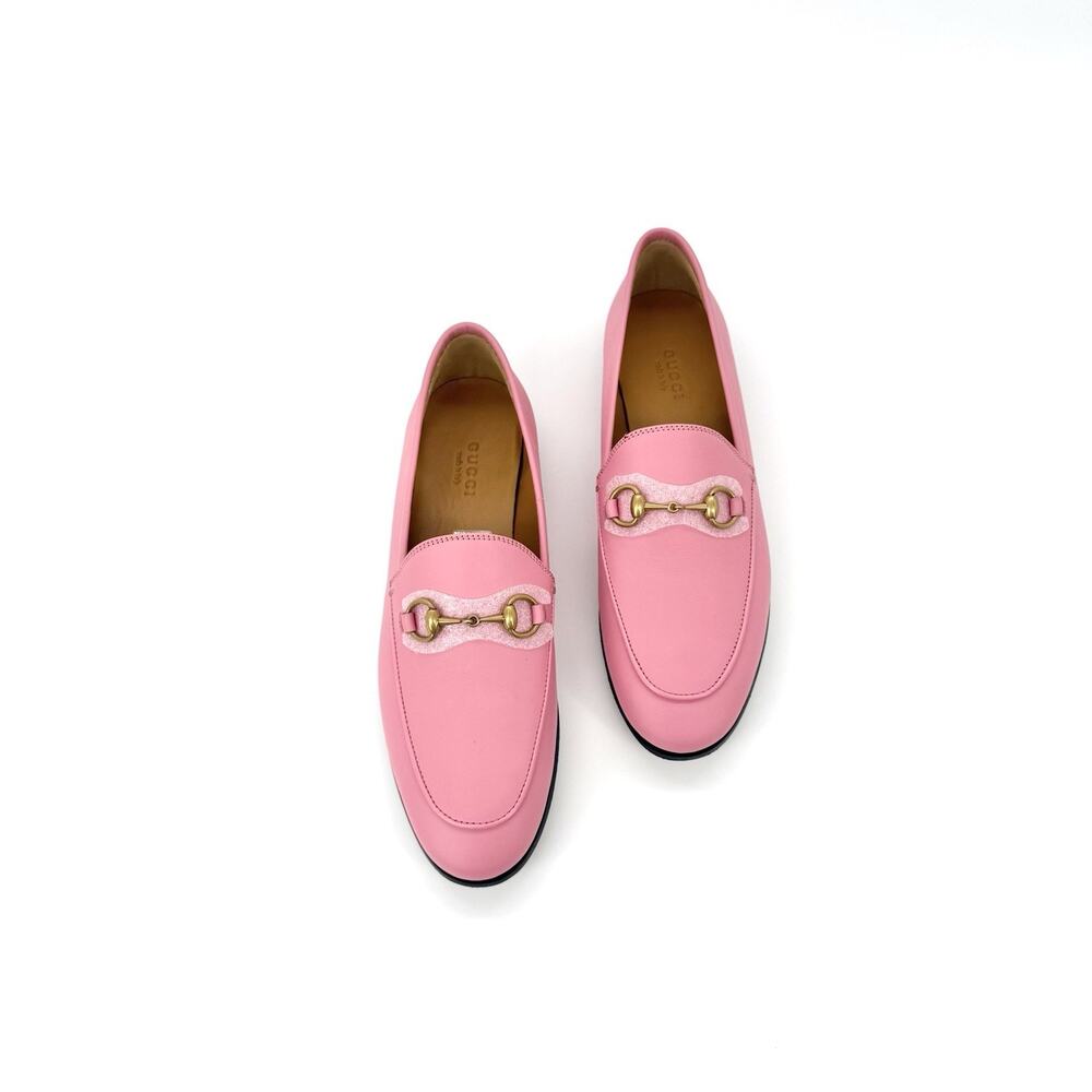 NIB Gucci Jordaan EU 37 US 7 Butterfly Pink Leather Gold Horsebit Flat Loafer - Picture 5 of 15